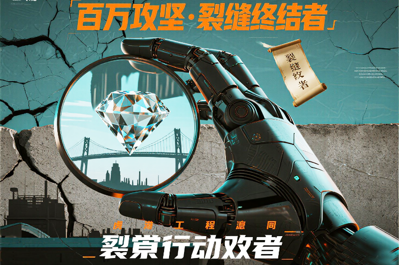 懸賞行動號召 _百萬攻堅 · 裂縫終結者_ 金屬機械臂握持鉆石放大鏡聚焦...